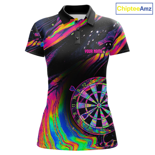 Psychedelic Holographic US Flag women's darts polo featuring colorful dartboard artwork, custom tournament jersey, patriotic league apparel, vibrant performance sportswear