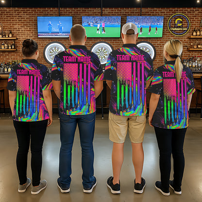 Female model wearing Psychedelic US Flag darts polo, custom patriotic league jersey, colorful performance tournament clothing, vibrant sports apparel