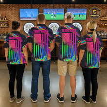 Load image into Gallery viewer, Female model wearing Psychedelic US Flag darts polo, custom patriotic league jersey, colorful performance tournament clothing, vibrant sports apparel