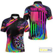 Load image into Gallery viewer, Psychedelic Holographic US Flag men's darts polo with colorful American flag graphics, personalized dart tournament jersey, custom league performance clothing