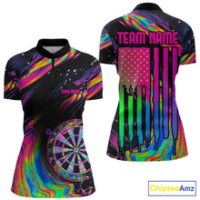 Load image into Gallery viewer, Women's Psychedelic Holographic quarter-zip darts jersey featuring colorful US flag artwork, personalized championship tournament shirt, athletic league apparel