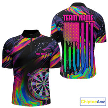 Load image into Gallery viewer, Men's Psychedelic Holographic quarter-zip darts shirt with vibrant dartboard graphics, personalized patriotic tournament jersey, custom performance sportswear