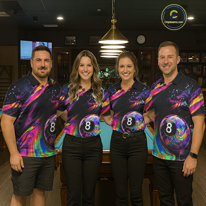 Colorful holographic custom billiard team jerseys featuring 8 Ball artwork, matching pool tournament uniforms, cue sports apparel, league championship shirts