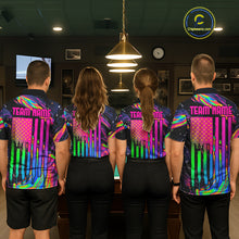 Load image into Gallery viewer, Colorful holographic custom billiard team jerseys featuring 8 Ball artwork, matching pool tournament uniforms, cue sports apparel, league championship shirts
