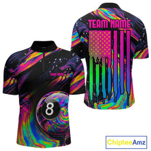 Load image into Gallery viewer, Men's holographic quarter zip billiard jersey, custom 8 Ball pool tournament shirt, cue sports apparel, league championship uniform