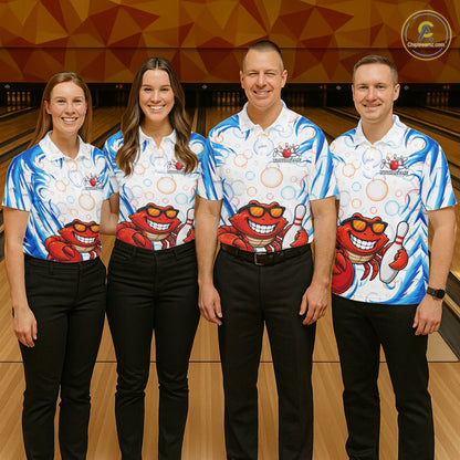 White & Blue Bubbles Funny Crab Bowling Polo Quarter-Zip Shirt For Men Custom Bowling Team Shirt NYN3977