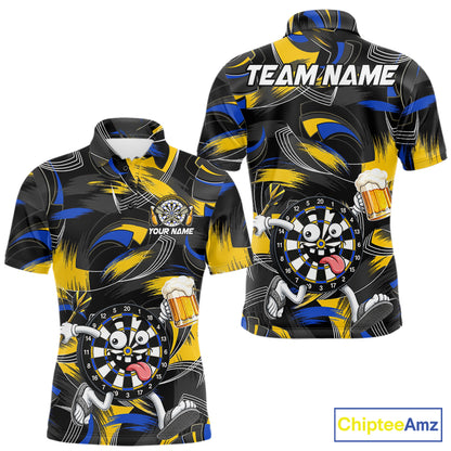 Yellow And Blue Paint Dartboard Funny Beer Darts Team Shirt For Men Custom Darts Polo 1/4-Zip Jersey NYN3988