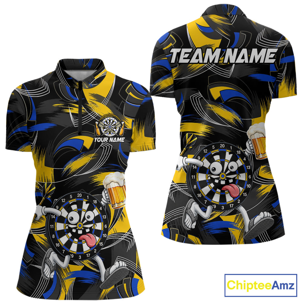 Yellow And Blue Paint Dartboard Funny Beer Darts Team Shirt For Women Custom Darts Polo 1/4-Zip Jersey NYN3988