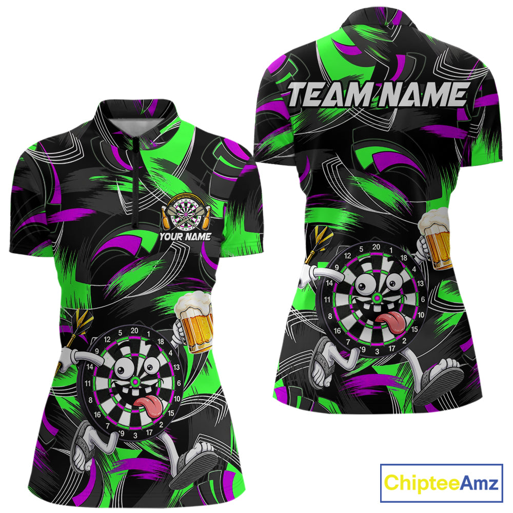 Purple And Green Paint Dartboard Funny Beer Darts Team Shirt For Women Custom Darts Polo 1/4-Zip Jersey NYN3990