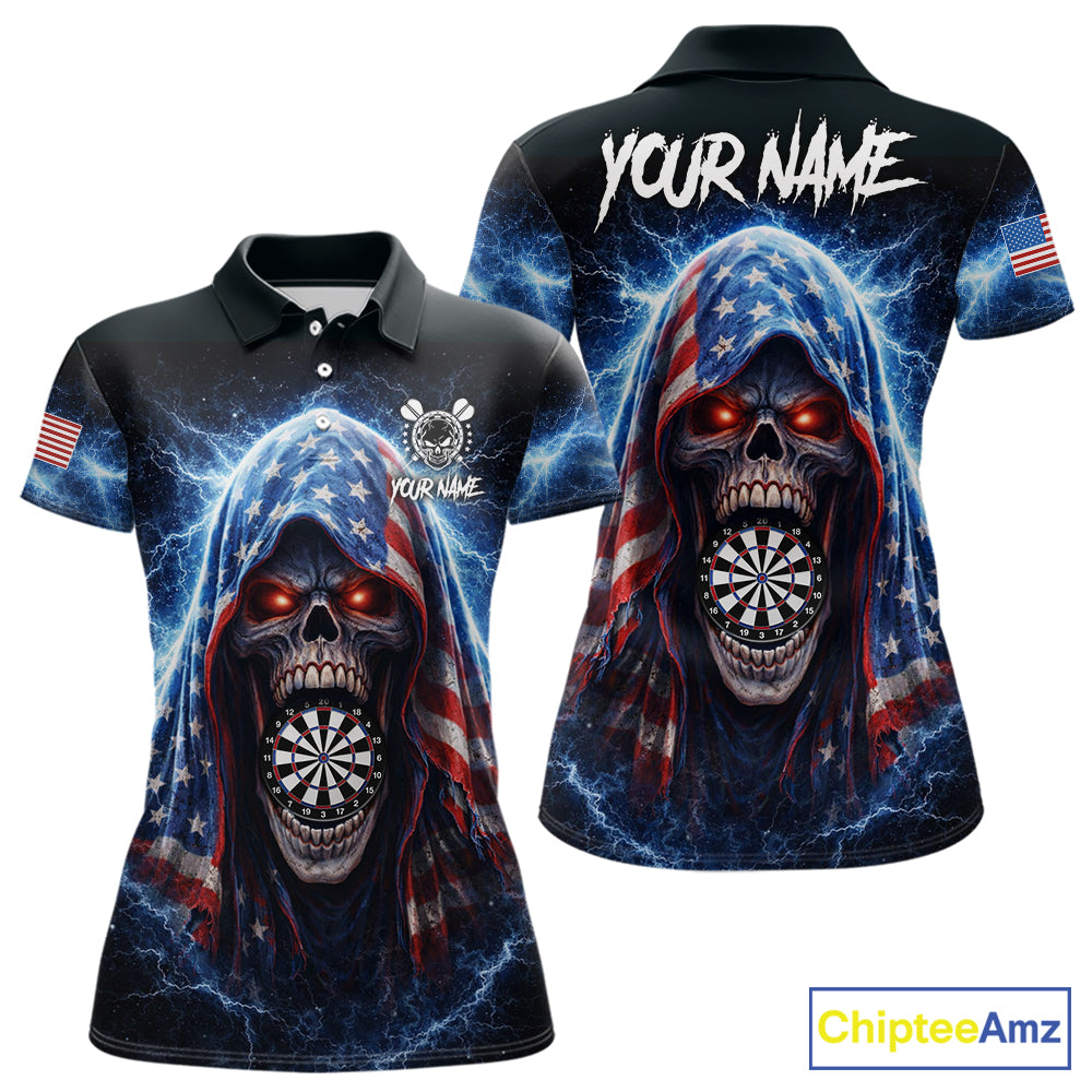 American Flag Thunder Grim Reaper Dartboard Women Darts Polo Shirt Custom Patriotic Dart League Shirt NYN2641