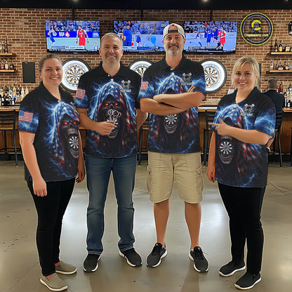 American Flag Thunder Grim Reaper Dartboard Women Darts Polo Shirt Custom Patriotic Dart League Shirt NYN2641