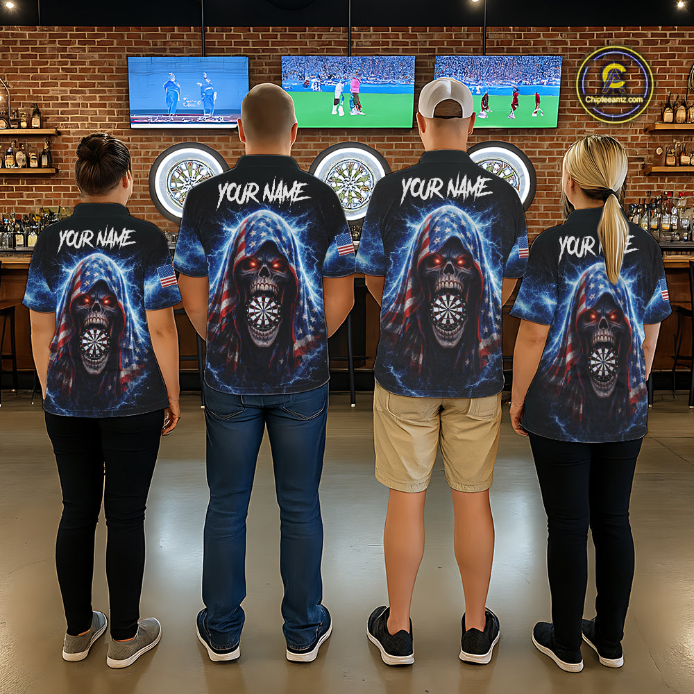 American Flag Thunder Grim Reaper Dartboard Women Darts Polo Shirt Custom Patriotic Dart League Shirt NYN2641