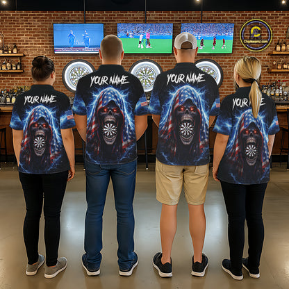 American Flag Thunder Grim Reaper Dartboard Women Darts Polo Shirt Custom Patriotic Dart League Shirt NYN2641