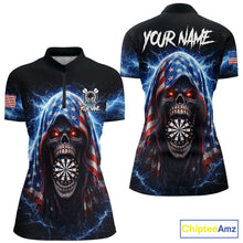 Load image into Gallery viewer, American Flag Thunder Grim Reaper Dartboard Women Darts 1/4-Zip Shirt Custom Patriotic Dart League Shirt NYN2641