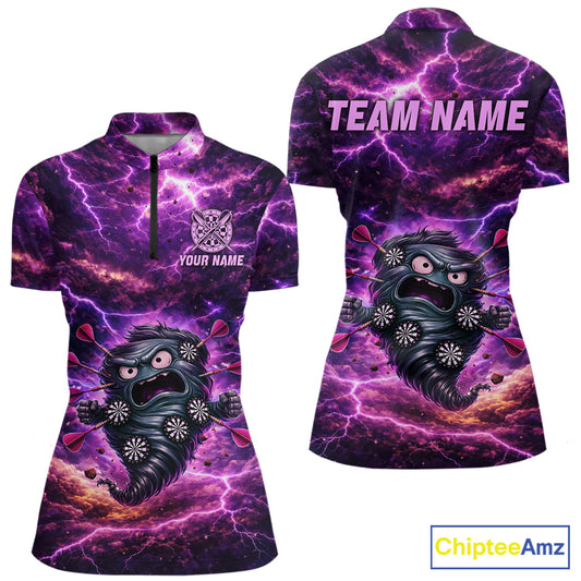 Purple Funny Scary Tornado Dartboard & Arrow Women Darts 1/4-Zip Shirt Custom Dart League Shirts NYN2643