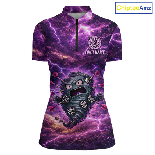 Purple Funny Scary Tornado Dartboard & Arrow Women Darts 1/4-Zip Shirt Custom Dart League Shirts NYN2643
