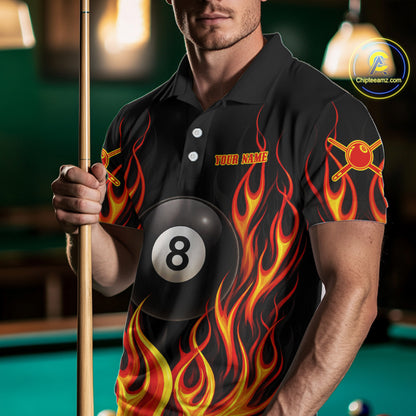 Personalized 8 Ball Fire Flame Pool Billiard Polo & 1/4 Zip For Men Custom Flame Billiard Team Attire NYN3013
