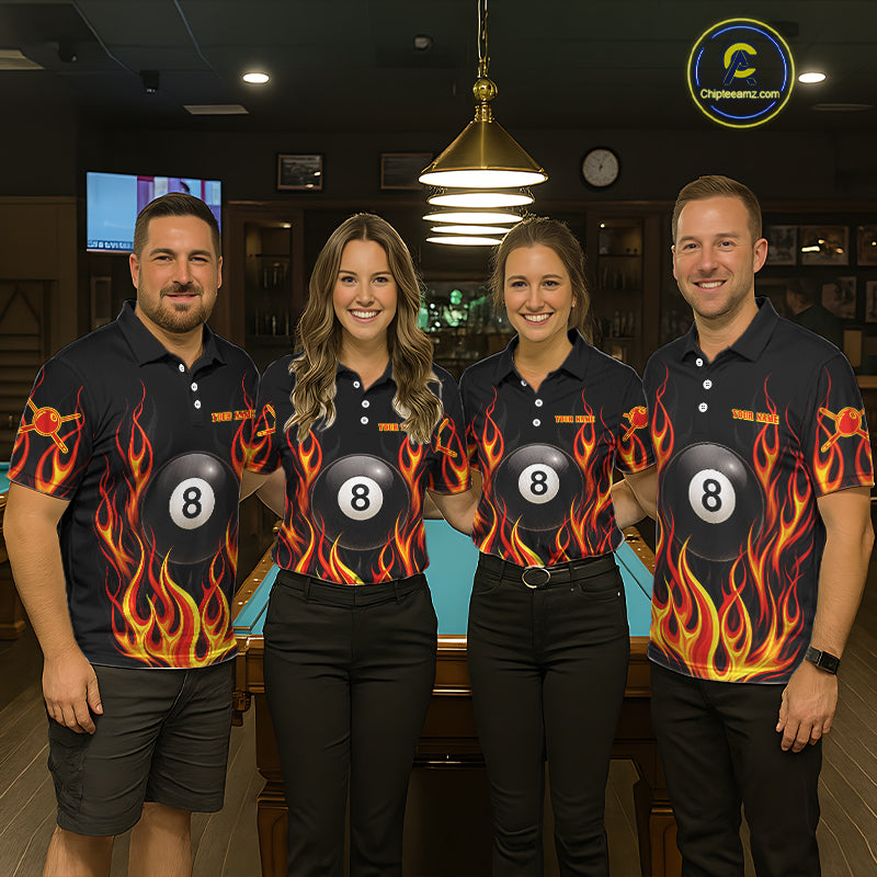 Personalized 8 Ball Fire Flame Pool Billiard Polo & 1/4 Zip For Men Custom Flame Billiard Team Attire NYN3013