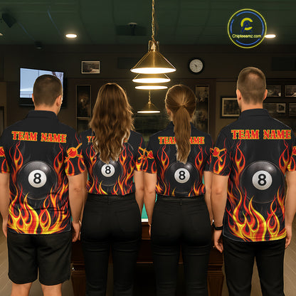 Personalized 8 Ball Fire Flame Pool Billiard Polo & 1/4 Zip For Men Custom Flame Billiard Team Attire NYN3013