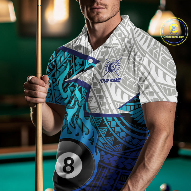 Billiards Pool Player White Blue Tribal Polo Quater-Zip Shirts For Men, Custom Billiard Team Jerseys NYN3015