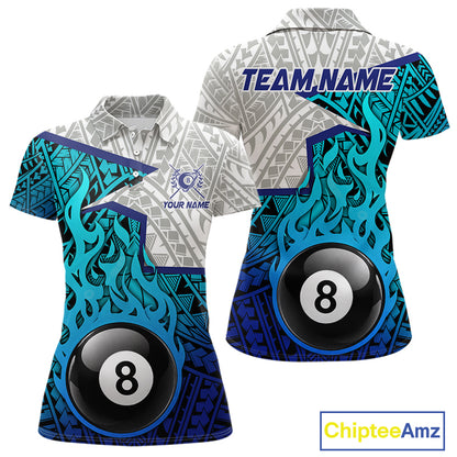 Billiards Pool Player White Blue Tribal Polo Quater-Zip Shirts For Women, Custom Billiard Team Jerseys NYN3015