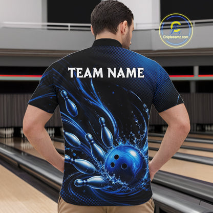 Blue Watering Bowling Ball & Pins Jerseys For Men Custom Splatter Bowling Shirt Team Attire NYN3181