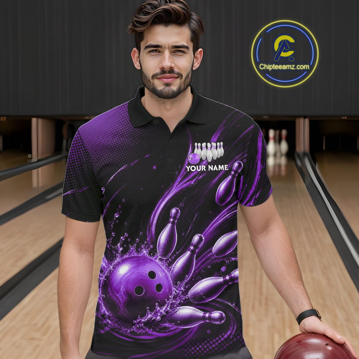 Purple Watering Bowling Ball & Pins Jerseys For Men Custom Splatter Bowling Shirt Team Attire NYN3182