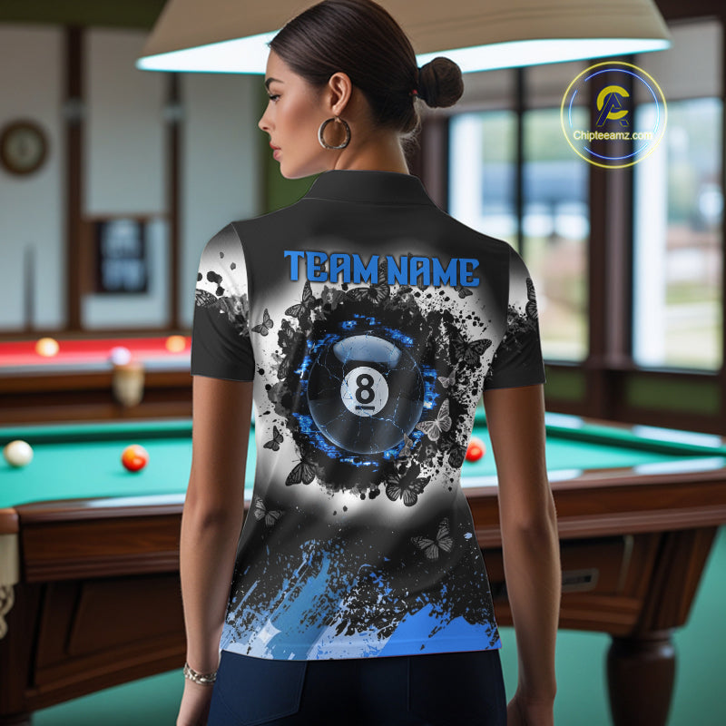 Black, White & Blue Billiard 8 Ball Pool Shirt For Women Custom Butterfly Grunge Team Billiard Jersey NYN3440