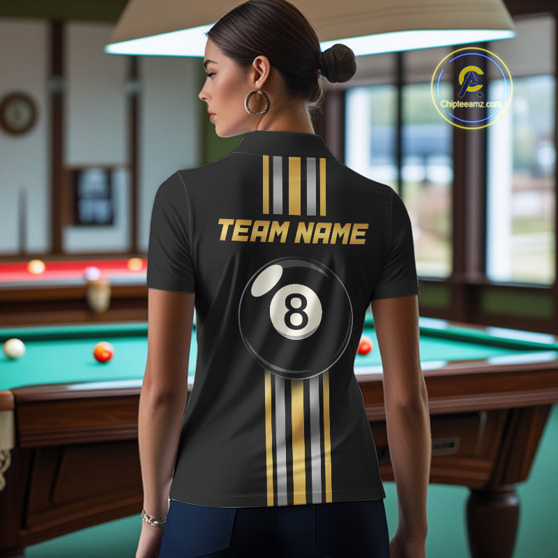 Female model wearing Black & Gold 8 Ball pool polo, custom women's billiard tournament jersey, personalized cue sports apparel, league performance uniform, elegant championship team clothing