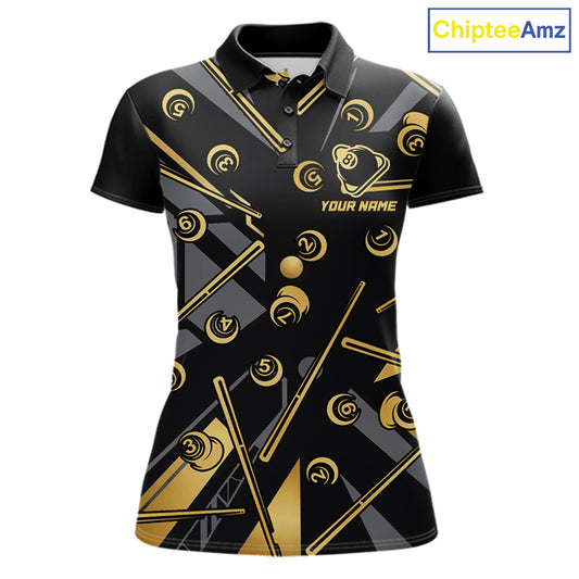 Black & Gold 8 Ball women's billiard polo featuring premium gold accents, custom pool team jersey, personalized league apparel, cue sports performance shirt, 8 Ball tournament uniform, championship billiards clothing, luxury athletic polo