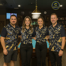 Load image into Gallery viewer, Coordinated Black &amp; Gold 8 Ball billiard jerseys for men and women, custom APA BCA tournament uniforms, premium cue sports apparel, championship pool team shirts, matching league clothing, professional club jerseys