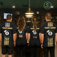Load image into Gallery viewer, Coordinated Black &amp; Gold 8 Ball billiard jerseys for men and women, custom APA BCA tournament uniforms, premium cue sports apparel, championship pool team shirts, matching league clothing, professional club jerseys