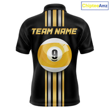 Load image into Gallery viewer, Black &amp; Gold 9 Ball men's pool polo with premium metallic styling, personalized billiard tournament jersey, custom cue sports apparel, professional 9 Ball league uniform, championship athletic clothing