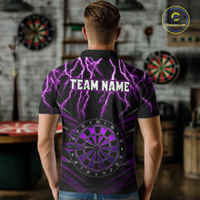 Load image into Gallery viewer, Male model wearing Thunder Lightning Purple Dartboard Custom Darts Polo, Personalized Tournament Team Jersey, Professional Dart Competition Apparel