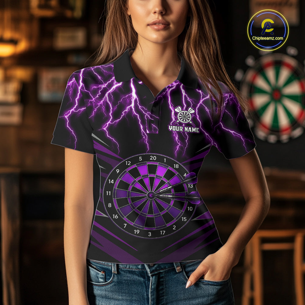 Female model wearing Thunder Lightning purple custom darts polo with personalized name