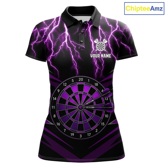 Personalized Thunder Lightning Purple Dartboard Women's Darts Polo Shirt, Moisture Wicking Custom Dart Tournament Jersey Front And Back