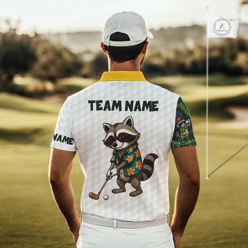 Custom Raccoon Golfer Golf Ball Team Attire Tropical Monstera Golf Polo Golf Shirts For Men NYN3991
