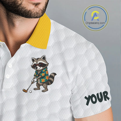 Custom Raccoon Golfer Golf Ball Team Attire Tropical Monstera Golf Polo Golf Shirts For Men NYN3991