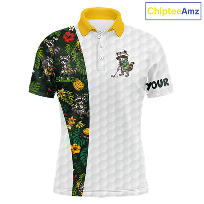 Custom Raccoon Golfer Golf Ball Team Attire Tropical Monstera Golf Polo Golf Shirts For Men NYN3991