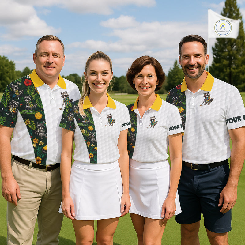 Custom Raccoon Golfer Golf Ball Team Attire Tropical Monstera Golf Polo Golf Shirts For Men NYN3991