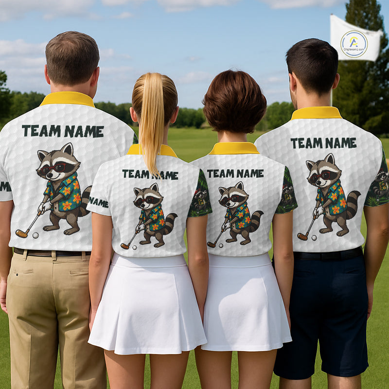 Custom Raccoon Golfer Golf Ball Team Attire Tropical Monstera Golf Polo Golf Shirts For Men NYN3991