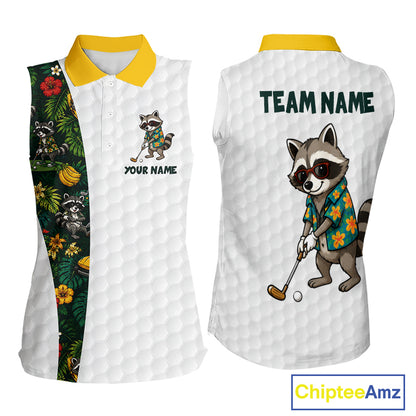 Custom Raccoon Golfer Golf Ball Team Attire Tropical Monstera Sleeveless Golf Polo Golf Shirts For Women NYN3991