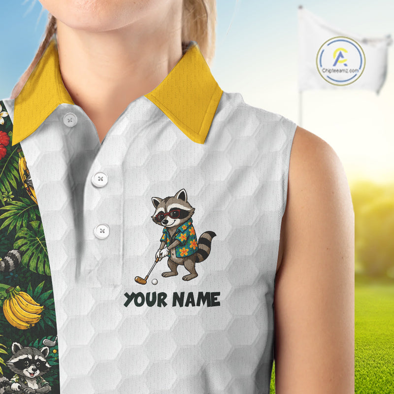 Custom Raccoon Golfer Golf Ball Team Attire Tropical Monstera Sleeveless Golf Polo Golf Shirts For Women NYN3991