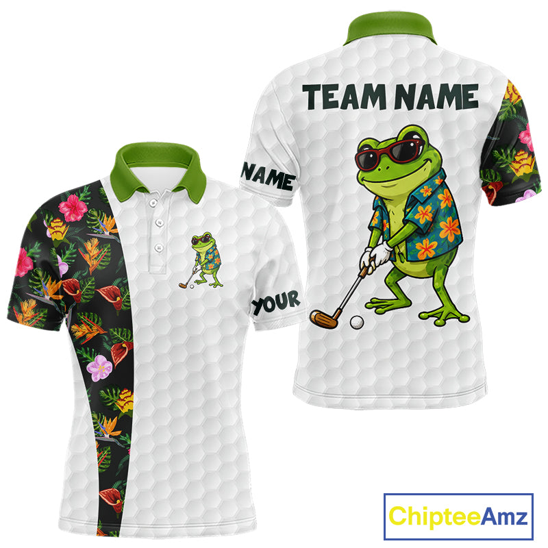 Custom Frog Golfer Golf Ball Team Attire Tropical Monstera Golf Polo Golf Shirts For Men NYN3992