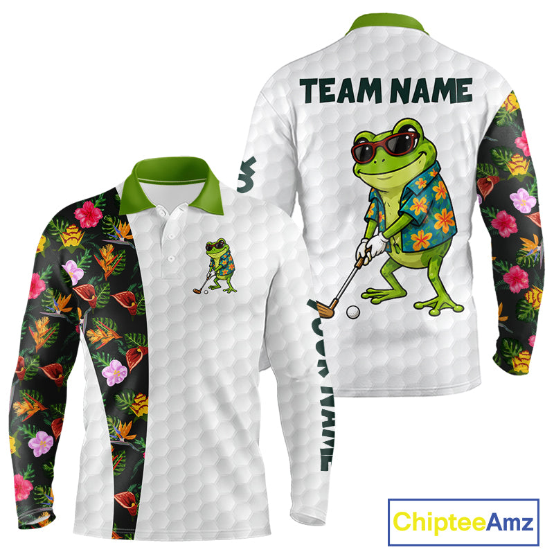 Custom Frog Golfer Golf Ball Team Attire Tropical Monstera Golf Polo Golf Shirts For Men NYN3992