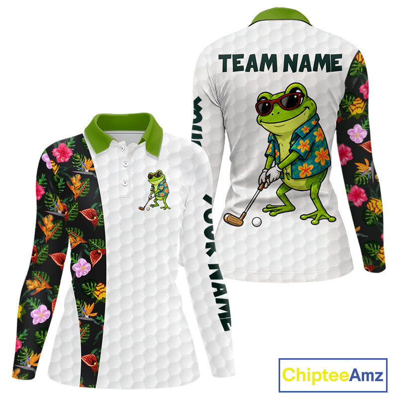 Custom Frog Golfer Golf Ball Team Attire Tropical Monstera Golf Polo Golf Shirts For Women NYN3992