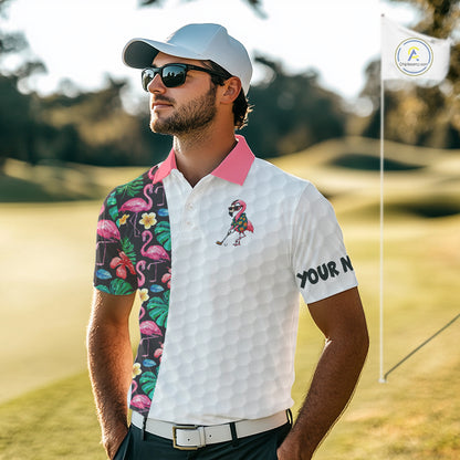 Custom Flamingo Golfer Golf Ball Team Attire Tropical Monstera Golf Polo Golf Shirts For Men NYN3993
