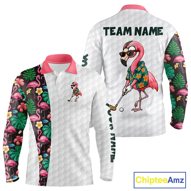 Custom Flamingo Golfer Golf Ball Team Attire Tropical Monstera Golf Polo Golf Shirts For Men NYN3993