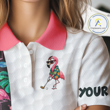 Custom Flamingo Golfer Golf Ball Team Attire Tropical Monstera Golf Polo Golf Shirts For Women NYN3993