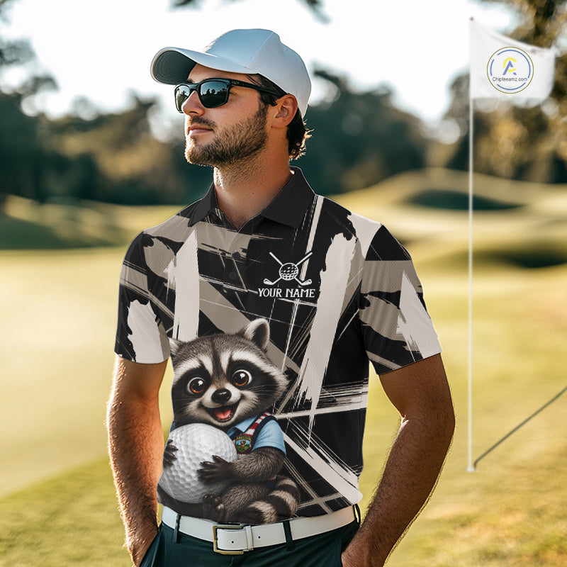 Mens Funny Cute Raccoon Golf Polo Shirts Custom Beige & Cream Brush Golf Team Outfit, Golf Gifts NYN3998